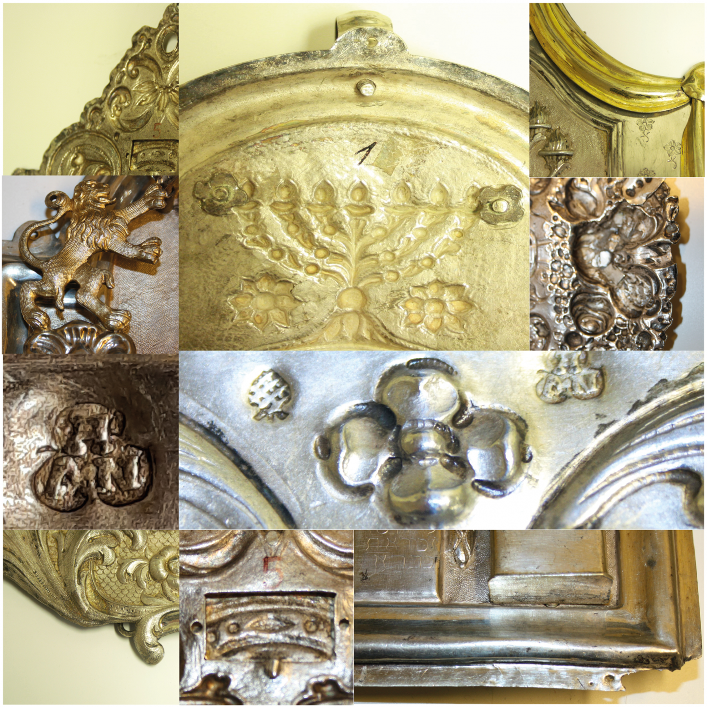 Collage von Fotos von Silberobjekten mit kleinen Verzierungen.