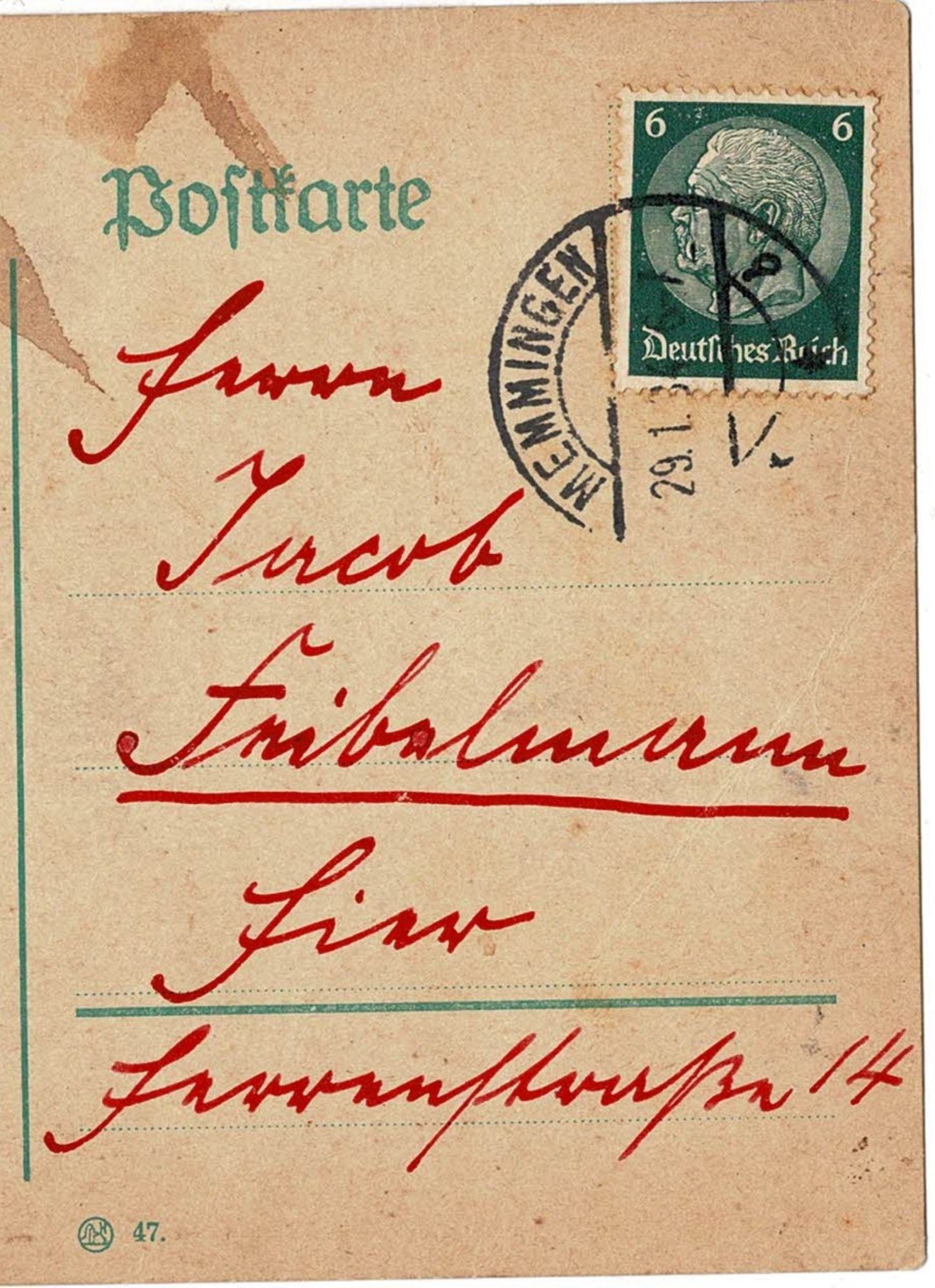 Detail of a threatening card to Jakob Feibelmann with red ink.