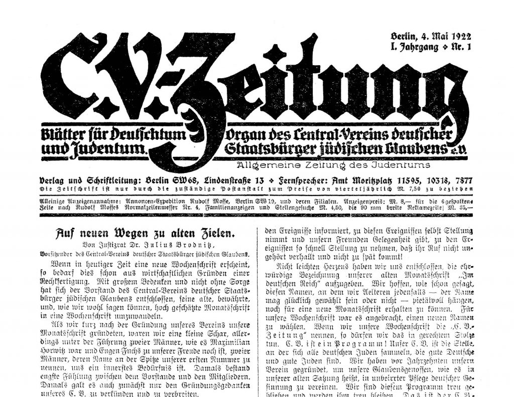 Titelseite der ersten Ausgabe der CV-Zeitung, 4. Mai 1922